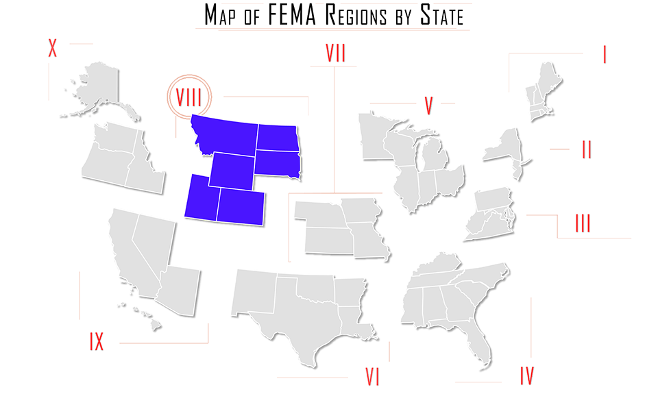 FEMA region viii, FEMA region 8, map with Montana MT, North Dakota ND, South Dakota SD, Wyoming WY, Utah UT, and Colorado CO